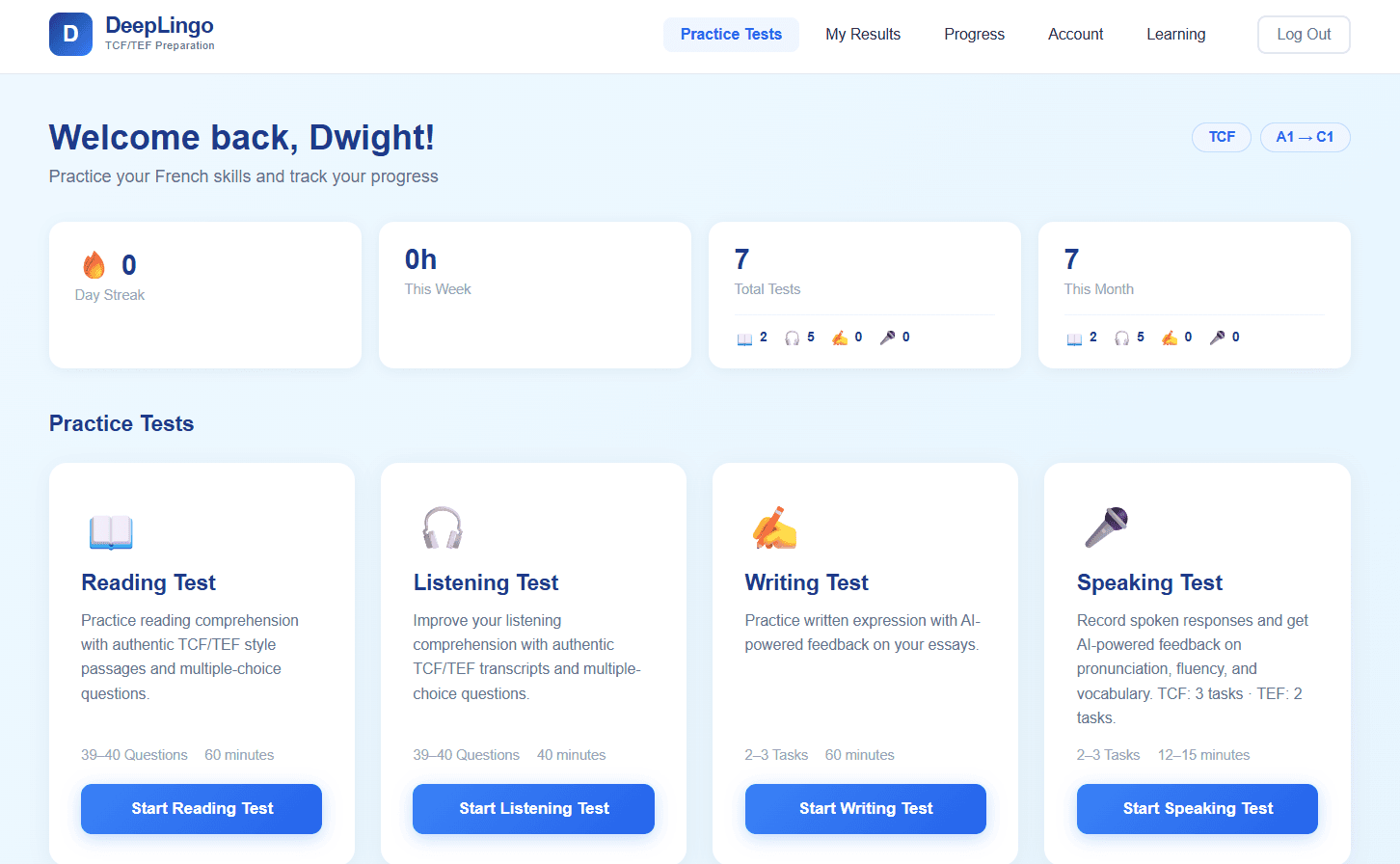 DeepLingo dashboard — AI-powered French exam preparation